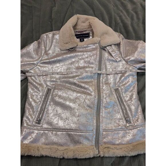 NWOT TOMMY HILFIGER Distressed Silver Metallic Shearling Motorcycle Jacket XL - Picture 7 of 7